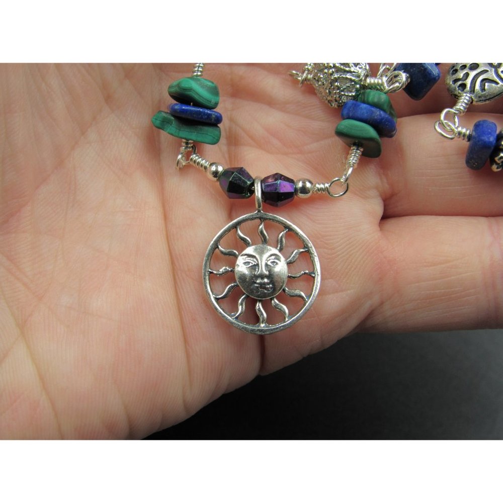 20" Sterling Silver Malachite Lapis Lazuli Sun Pendant Necklace Vintage - Picture 4 of 9